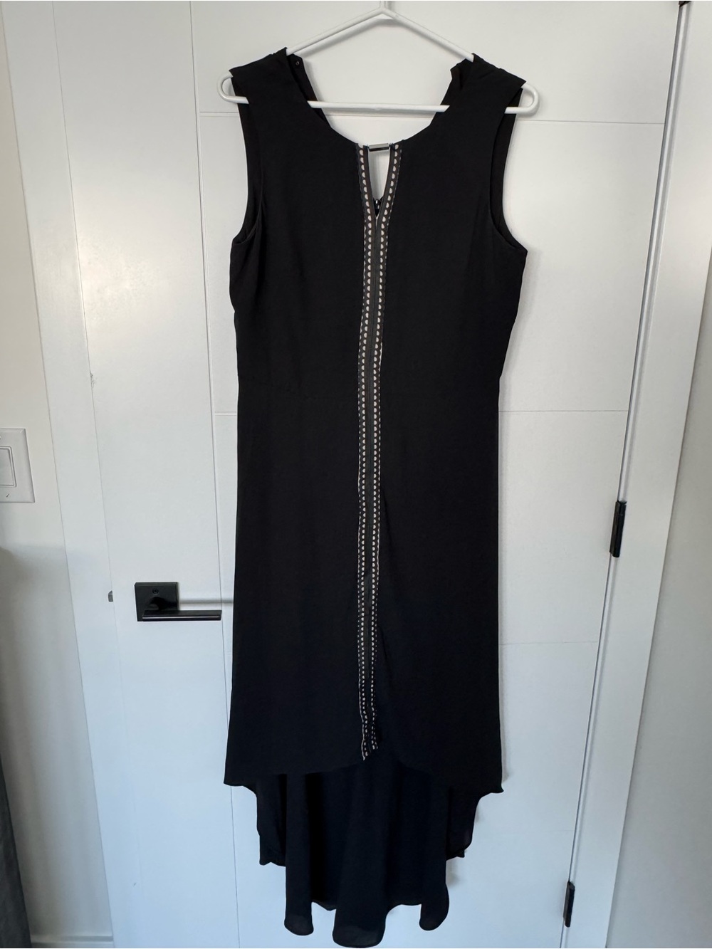 Black Sleeveless High-Low Dress with Center Embellished Zip